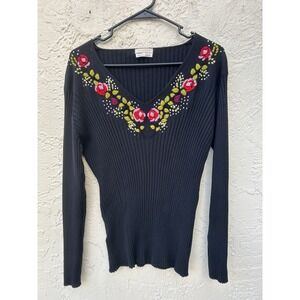 Elektra ribbed cotton-blend V-neck sweater with embroidered Handmade Italy L